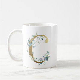 C goudinitiaal met blauw bloemblad koffiemok