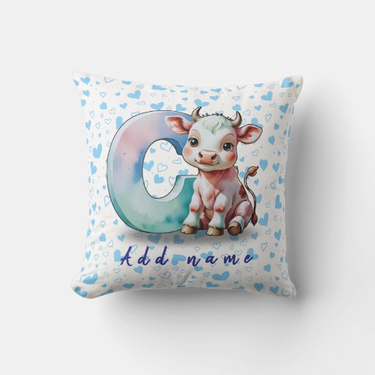 C is for Cow – Baby Pillow with Blue Heart Kussen (Voorkant)
