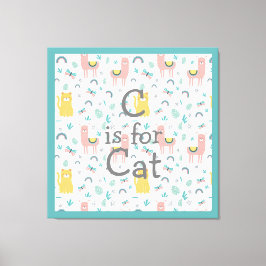 C is voor Cat Boho Cute Alapaca Kat Green Nursery Canvas Afdruk
