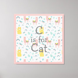 C is voor Cat Boho Cute Alapaca Pink Trim Nursery Canvas Afdruk