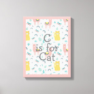 C is voor kat Boho Cute Alapaca Roze Nursery Canvas Afdruk