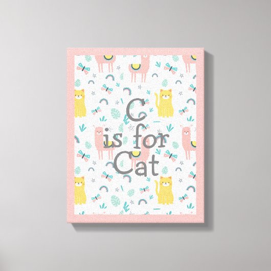 C is voor kat Boho Cute Alapaca Roze Nursery Canvas Afdruk (Voorkant)