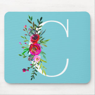 C Letter Initiaal Monogram Bloemmotief Aangepaste  Muismat