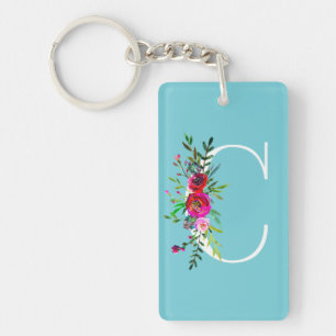 C Letter Initiaal Monogram Bloemmotief Aangepaste  Sleutelhanger