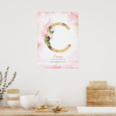 C Letter Monogram Goud Bladeren Roze Magnolia Bloe Poster (Keuken)