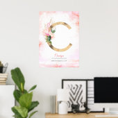 C Letter Monogram Goud Bladeren Roze Magnolia Bloe Poster (Thuiskantoor)