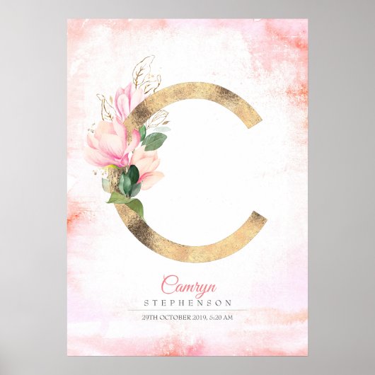 C Letter Monogram Gouden Bladeren Roze Magnolia Bl Poster (Voorkant)