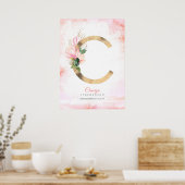 C Letter Monogram Gouden Bladeren Roze Magnolia Bl Poster (Keuken)
