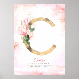 C Letter Monogram Gouden Bladeren Roze Magnolia Bl Poster