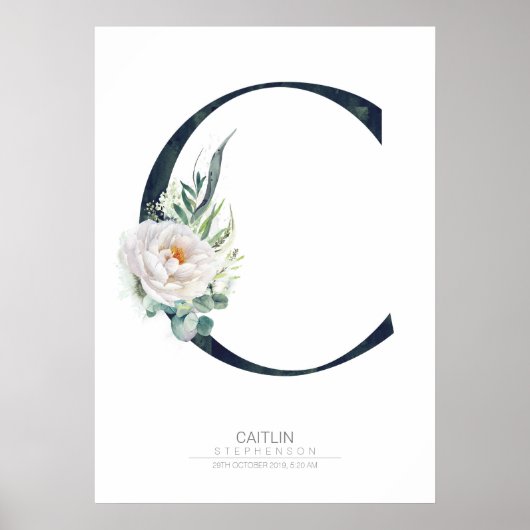 C Letter Monogram Witte Bloemen en Groene Plant Poster (Voorkant)