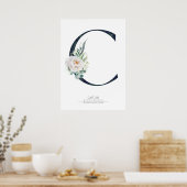 C Letter Monogram Witte Bloemen en Groene Plant Poster (Keuken)