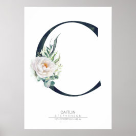 C Letter Monogram Witte Bloemen en Groene Planten Poster