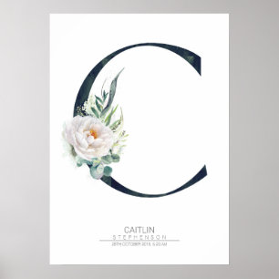 C Letter Monogram Witte Bloemen en Groene Planten Poster