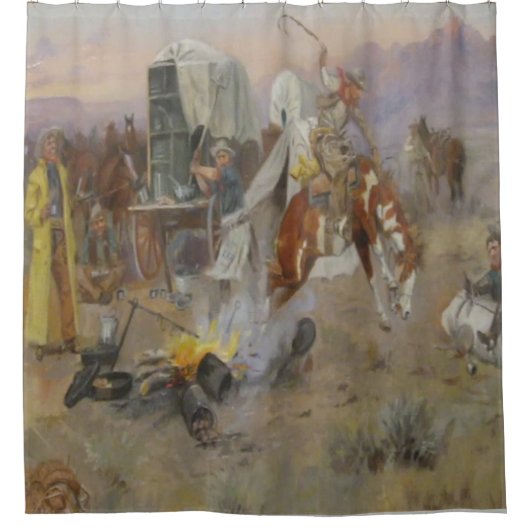 C M Russell Bronc in Koe Camp Cowboy Western Douchegordijn (Voorkant)