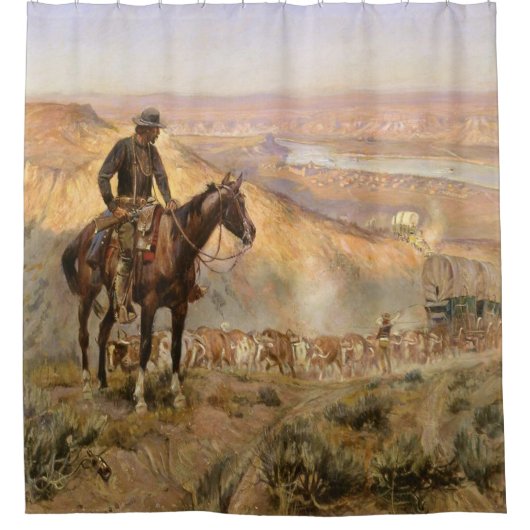 C M Russell Wagon Boss  Westerne Cowboy Douchegordijn (Voorkant)