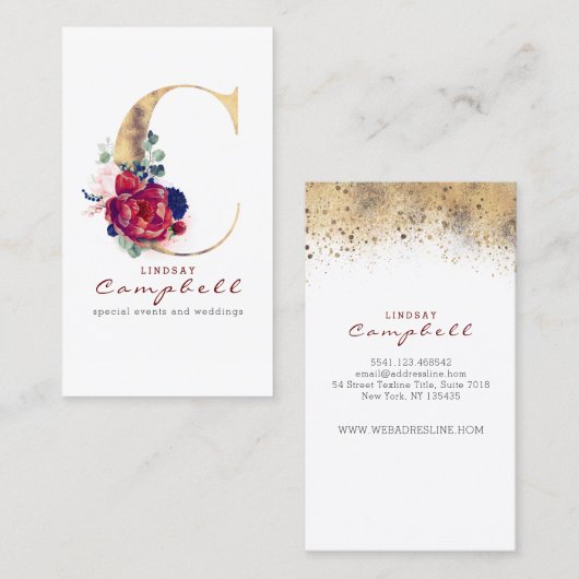 C Monogram Bourgogne Goud en Marine Blauwe Bloemen Visitekaartje (Voorkant / Achterkant)