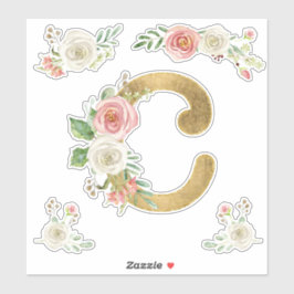 C Monogram Faux Gold Blush Roos Bloemen Waterverf Sticker