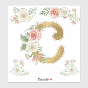 C Monogram Faux Gold Blush Roos Bloemen Waterverf Sticker