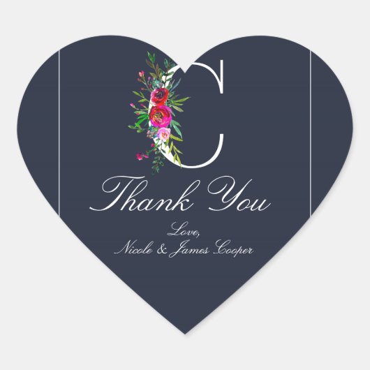 C Monogram Laatste Initiaal Modern Blauw Bloemstuk Hart Sticker (Voorkant)