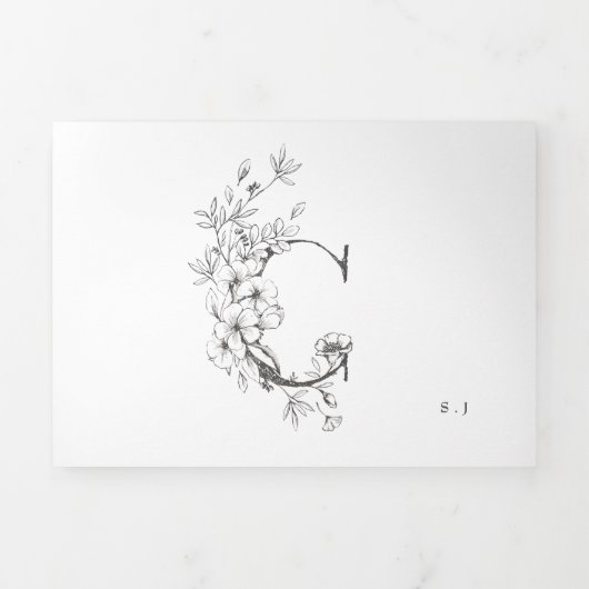 'C' Monogram mooi geborsteld Floral Wedding Drieluik Uitnodiging (Cover)