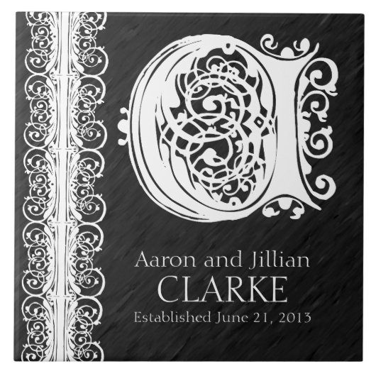 C Monogram "White Lace on Black" Wedding Tegel Tegeltje (Voorkant)