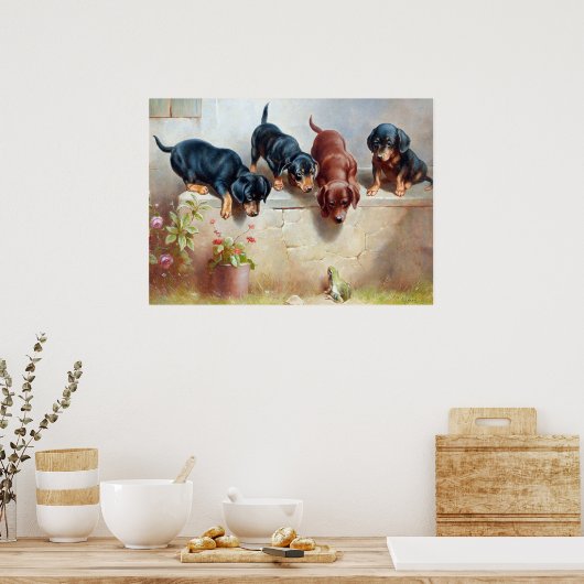 C. Reichert Painting Dachshund Puppies and Frog Poster (Keuken)