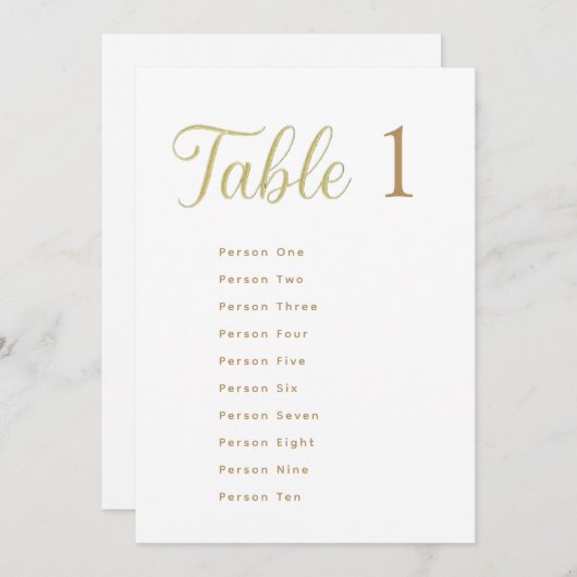 Cِustom Elegant Gold Table Number 1 Seating Chart Kaart (Voorkant / Achterkant)