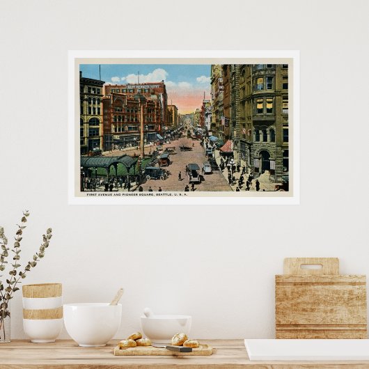 ca. 1900 Seattle First Avenue en Pioneer Square Poster (Keuken)