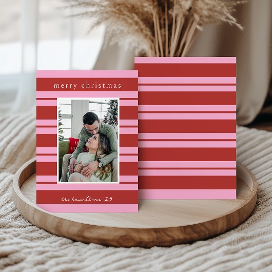 Cabana Pink and red Stripe Preppy Christmas card Kaart