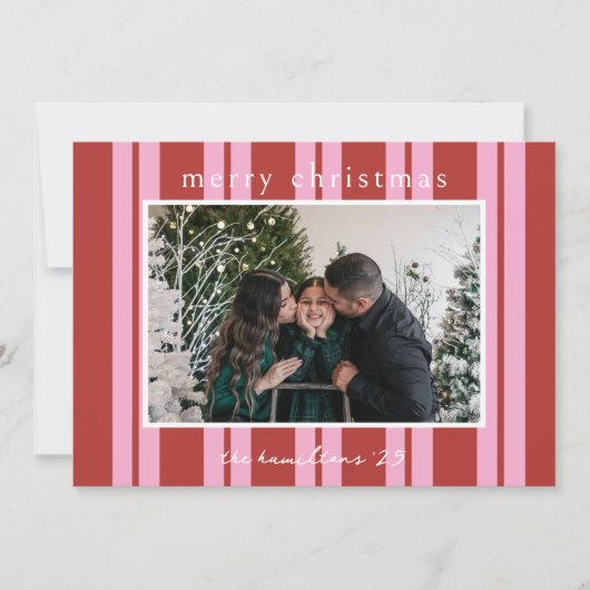 Cabana Pink red Stripe Preppy photo Christmas card Kaart (Voorkant)