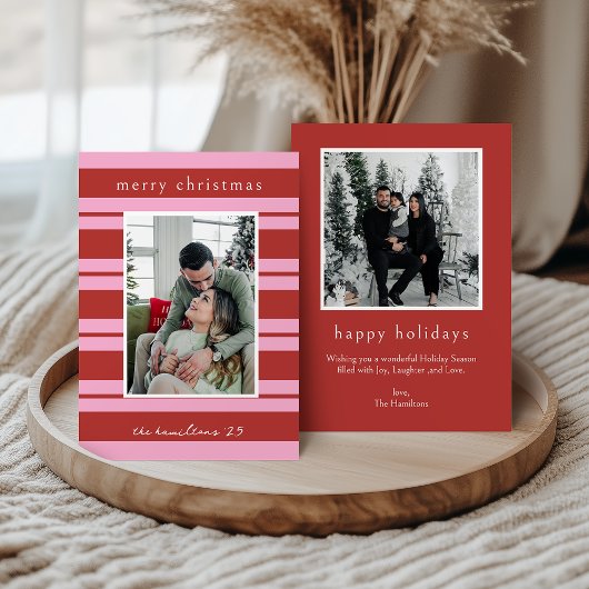 Cabana Pink red Stripe Preppy photo Christmas card Kaart