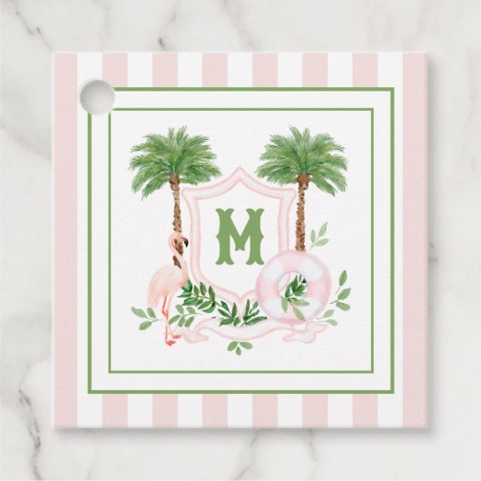 Cabana Strepen Palm Beach Monogram Wapenschild Bedankjes Labels (Voorkant)