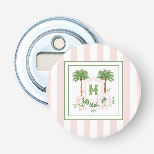 Cabana Strepen Palm Beach Monogram Wapenschild Button Flesopener (Voorkant)