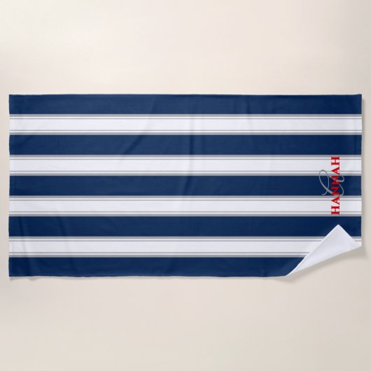 Cabana Stripe Monogram in marineblauw Strandlaken (Voorkant)
