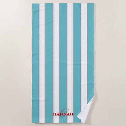 Cabana Stripe Monogram in Turquoise Blauw Strandlaken (Voorkant)