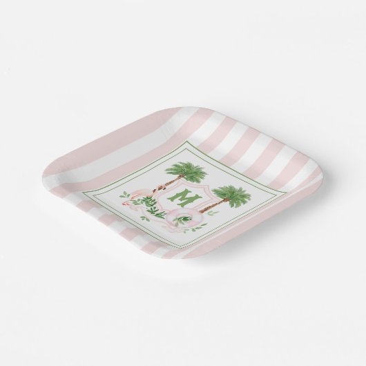 Cabana Stripes Palm Beach Monogram Crest Enclosure Papieren Bordje (Gebogen)