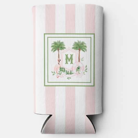 Cabana Stripes Palm Beach Monogram Crest Seltzer Blikjeskoeler (Voorkant)