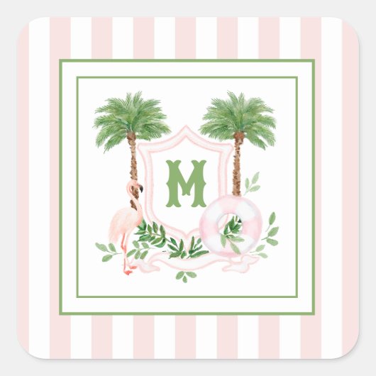 Cabana Stripes Palm Beach Monogram Crest Vierkante Sticker (Voorkant)