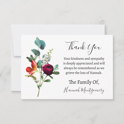 Cabernet Bloemen Begrafenis Sympathie Dank u Notitiekaartje (Voorkant)