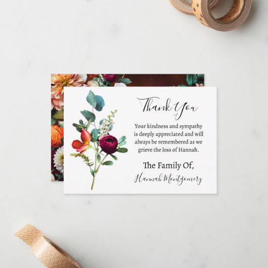Cabernet Bloemen Begrafenis Sympathie Dank u Notitiekaartje (Voorkant / Achterkant in situ)