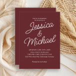 Cabernet Red Script Modern Stylish  Invitation Kaart<br><div class="desc">This elegant burgundy wedding invitation features a minimalist layout with romantic script accents and crisp white text on a rich wine-red background. The classic and refined design is perfect for fall or winter weddings, vineyard ceremonies, or formal evening affairs. Easily customizable with your names and wedding details, this timeless template...</div>