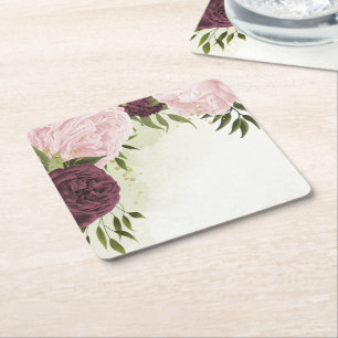 cabernet roze bloemen groen bruiloft kartonnen onderzetters