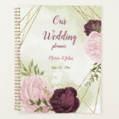 Cabernet & roze bloemen groen bruiloft planner (Voorkant)