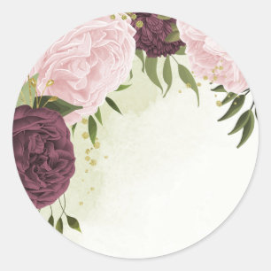 cabernet roze bloemen groen bruiloft ronde sticker