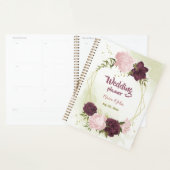 Cabernet & roze bloemen groen trouwen planner (Display)
