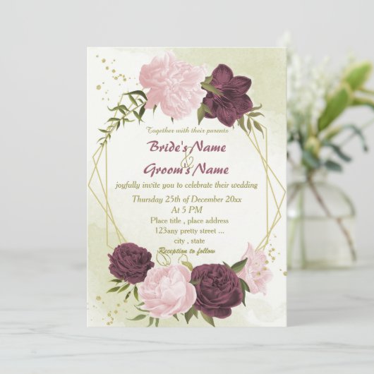 cabernet roze bloemen groene bladeren bruiloft kaart (Staand voorkant)