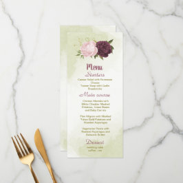 cabernet roze bloemen groene bladeren bruiloft menu