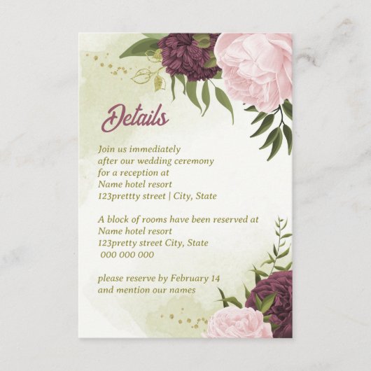 cabernet roze bloemen groene bladeren informatiekaartje (Voorkant)