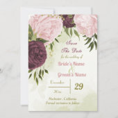 cabernet roze bloemen groene bladeren save the date (Voorkant)