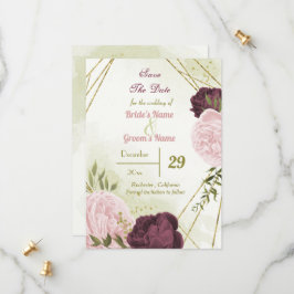 cabernet roze bloemen groene bladeren save the date